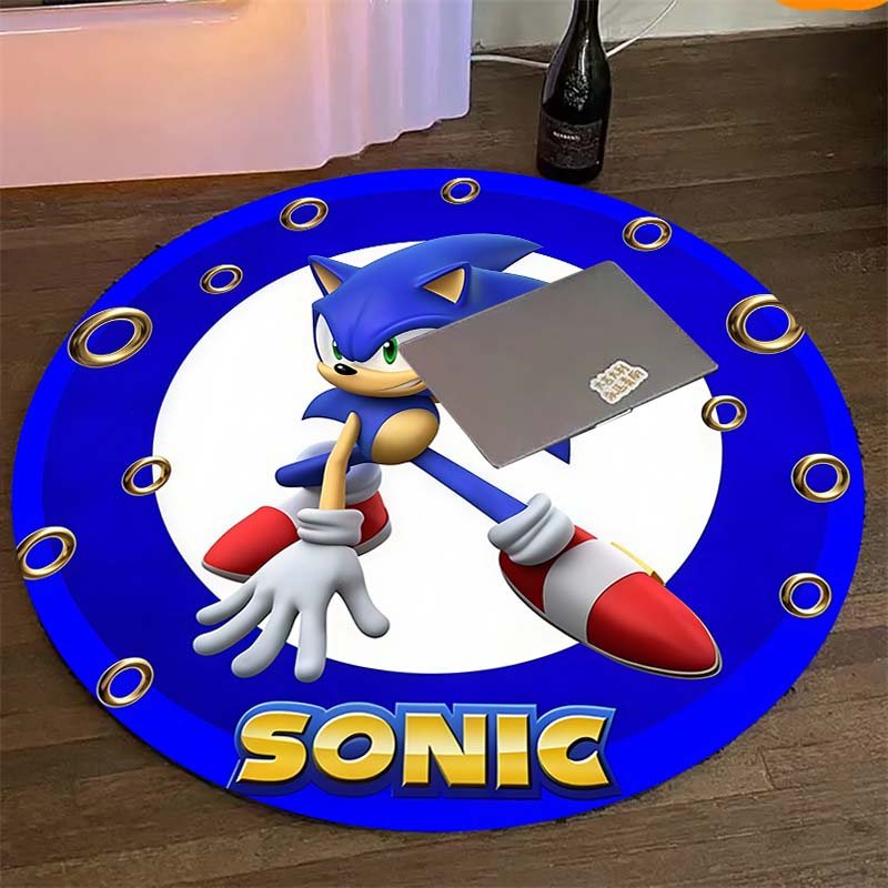 Sonic The Hedgehog Neon Sonic Logo Round Area Rug Non Slip Game Cartoon Kids Bedroom Floor Carpet