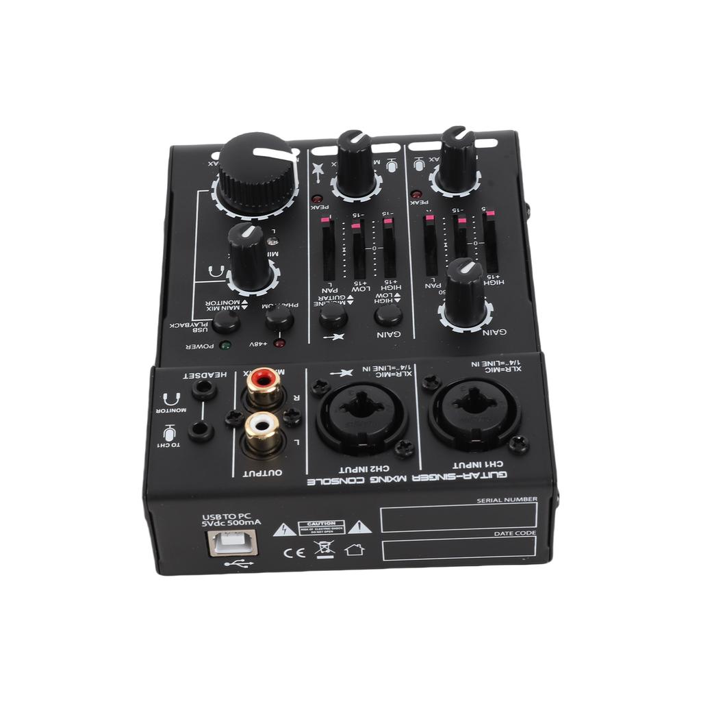 Mini 2 Channel Sound Card Mixing Console Digital Sound Mixer Built In 48V Phantom Power 5V USB Powered for Home Studio