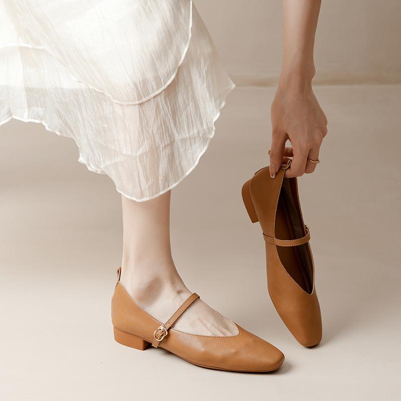 Kožené babičkovské boty na silném podpatku s páskem Mary Jane, francouzská čtvercová špička, dámské boty na středním podpatku, nové jarní a podzimní univerzální dámské boty