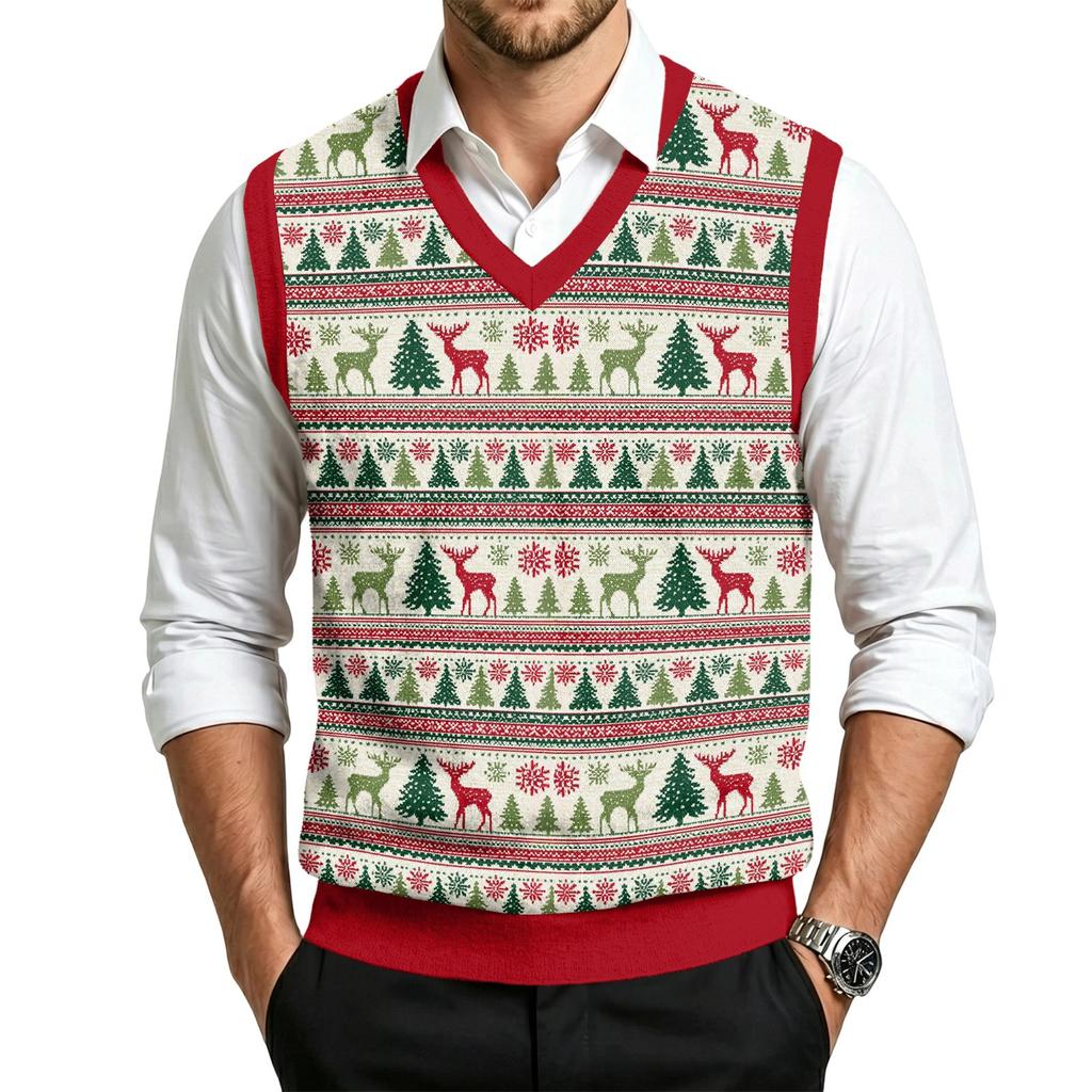 Men's V-Neck Sleeveless Knit Vest Casual Wool with Christmas Print for Commuting