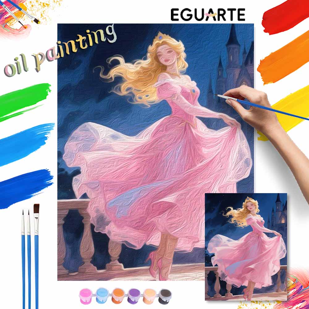 Disney Princess Aurora oil painting art set handmade diy gift home decoration. Castle and beautiful girl wall art decor canvas set