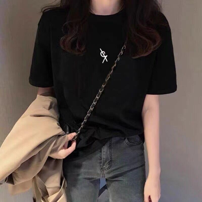 

Корейская черная простая женская одежда с коротким рукавом 2025 лето новое чувство дизайна нишевая свободная хлопковая футболка ins тренд S чёрный