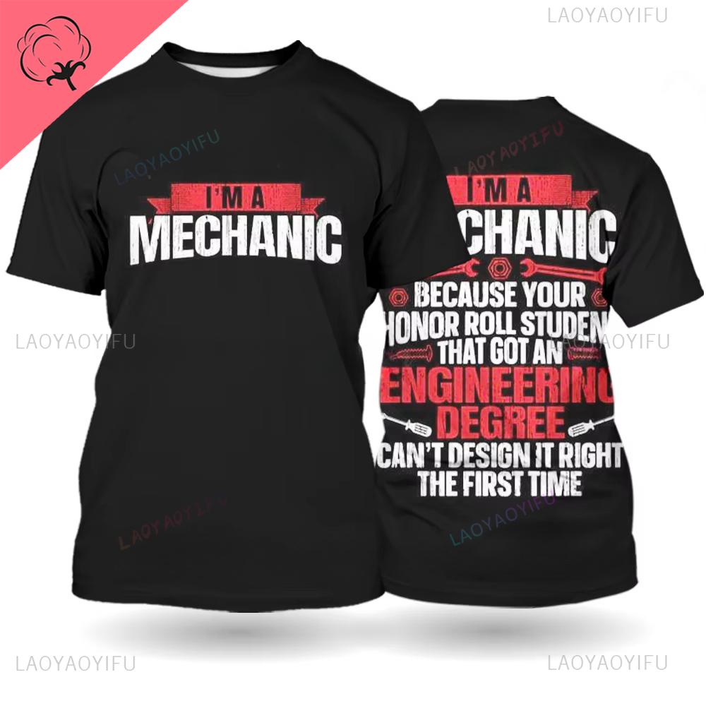 Mechanical Repairman Printed Mens Tshirt with Mechanical Component Pattern Casual Harajuku Round Neck Mens Streetwear Clothes
