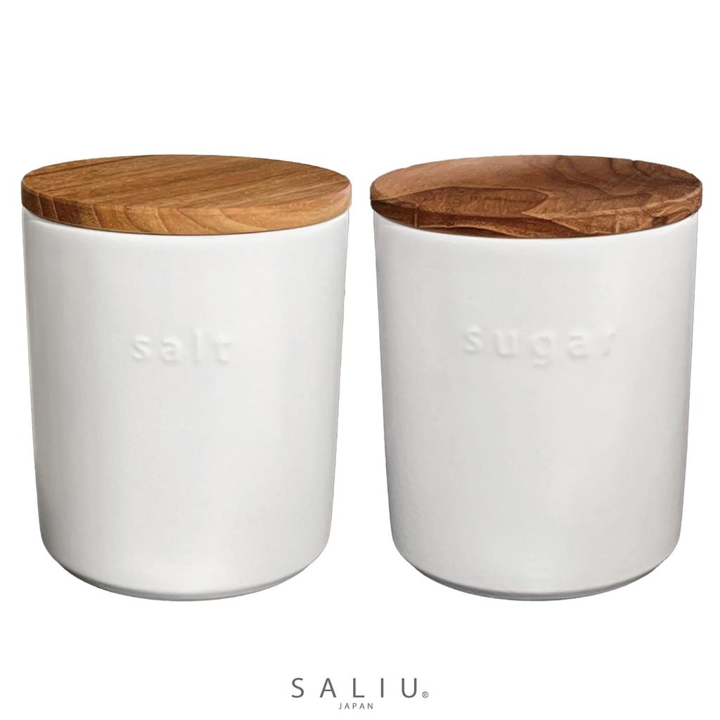 LOLO Vorratsbehälter Greige Grau 500ml Dose Keramik Hergestellt in Japan Teak Konvexes Dosen-Set Salz Zucker (Weißes Set)