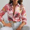 women marble print satin shirt collared long sleeve casual slim fit blouse
