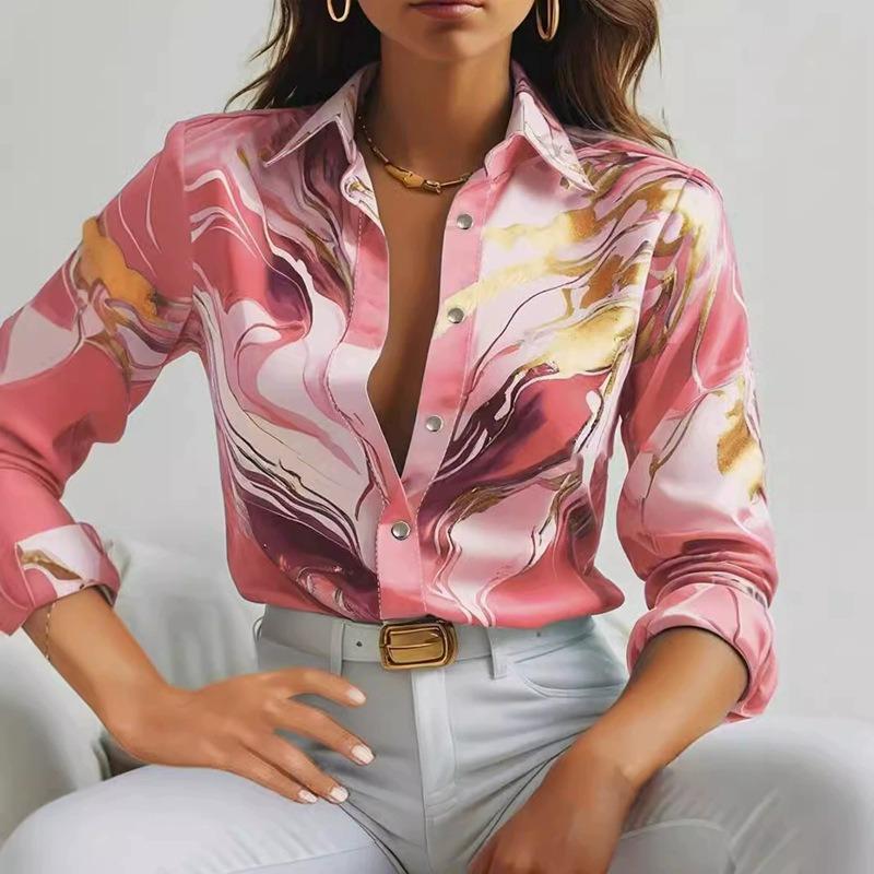 women marble print satin shirt collared long sleeve casual slim fit blouse
