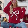 2025 Autumn/Winter Women's Bow Christmas Round Neck Long Sleeve Pullover Sweater