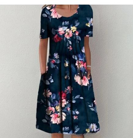 2024 Summer Women Round Neck Short Sleeve Floral Print Midi Dress Loose Pleated Swing Pocket Vacation Long Dress