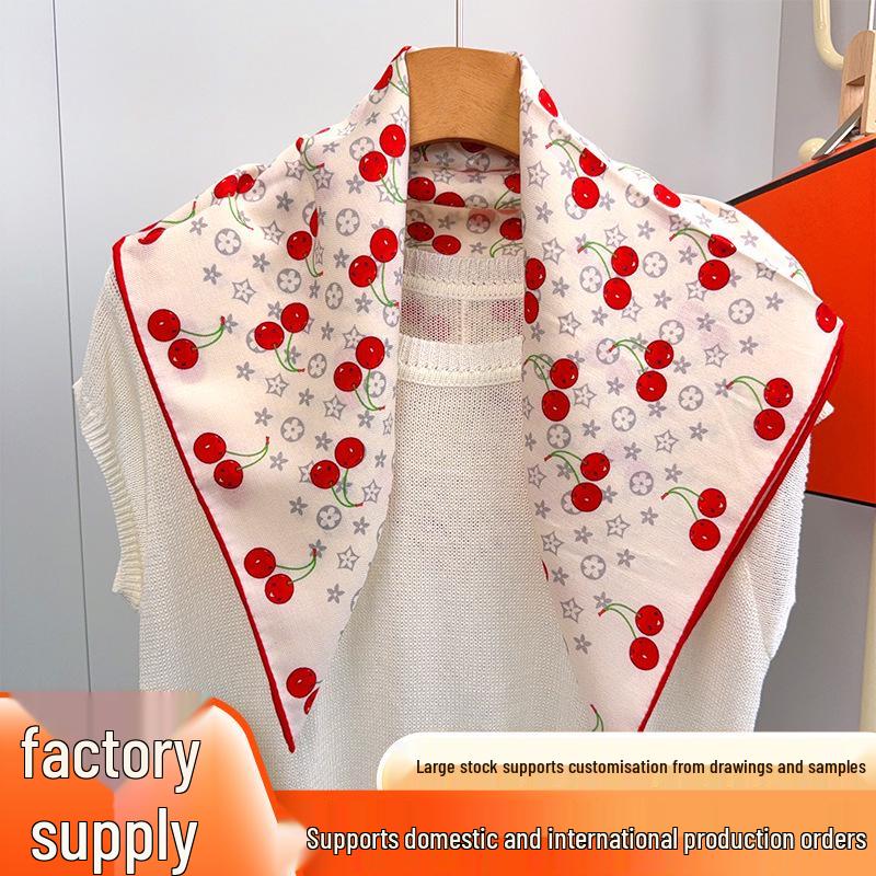 2025 Summer Women's Cherry Mulberry Silk Square Scarf - Elegant Necktie & Neckerchief