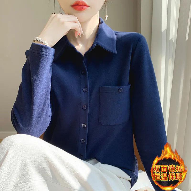 Women's Autumn and Winter Thickened Long-sleeved Shirt Warm Brushed Bottoming Plus Fleece Top