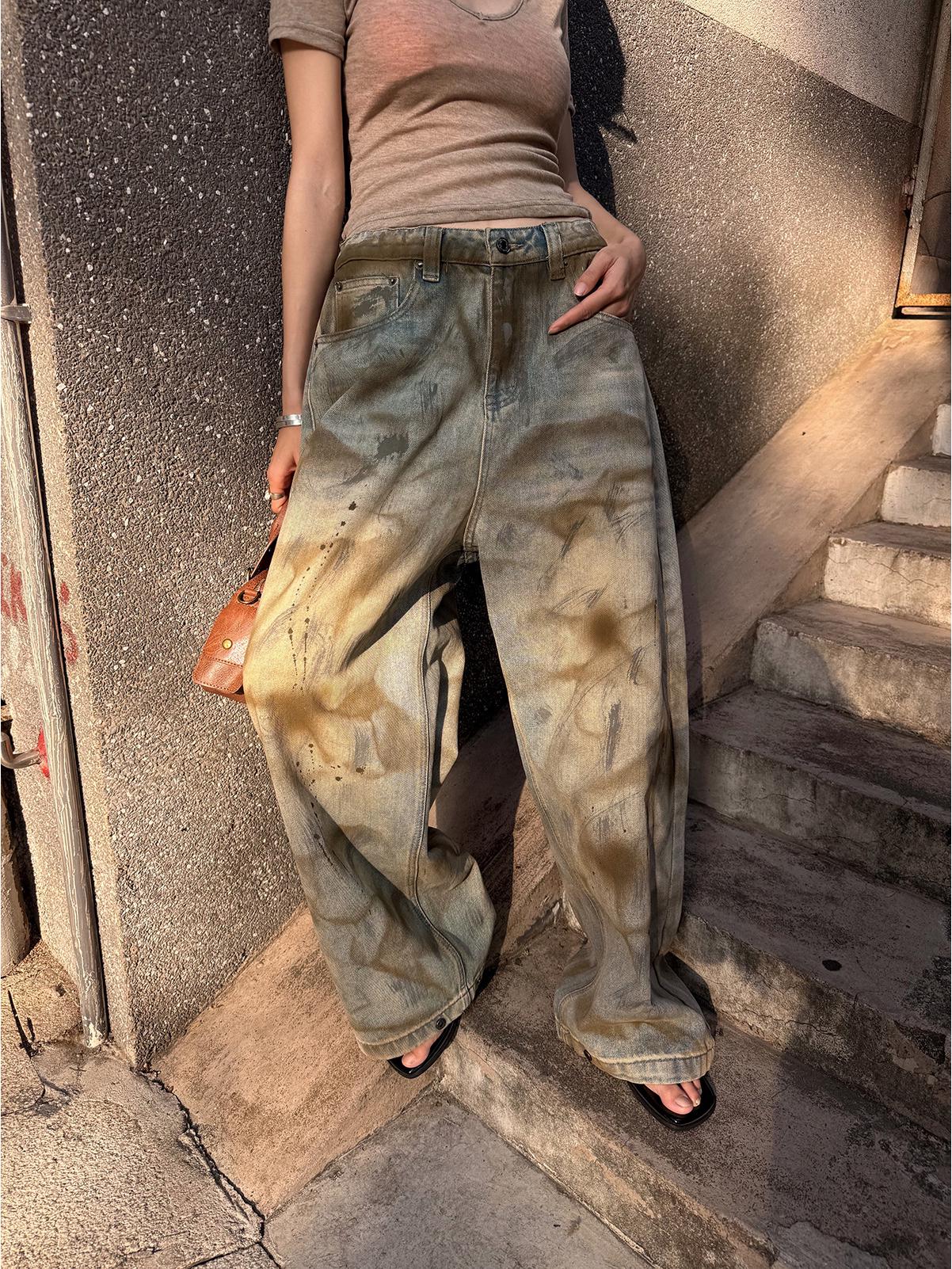 

[9hour] Distressed Retro Loose Women s Jeans - New Spring Style, Streetwear Long Pants (1587) L