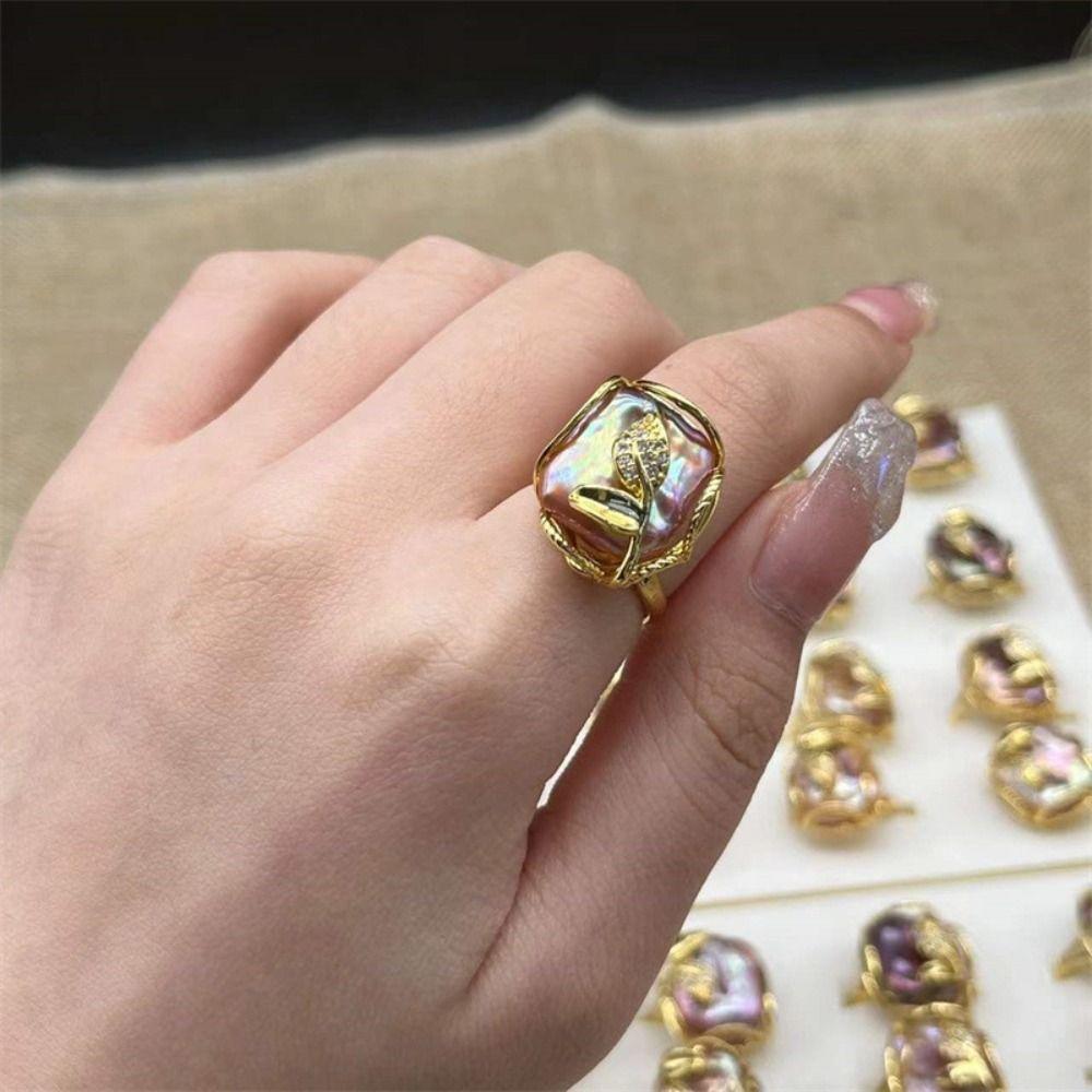Golden Irregular Pearl Ring Rhinestone Women's Jewelry Unique Natural Pearl Ring Gift