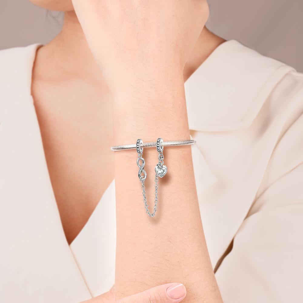 Sparkling 925 Sterling copper Heart-shaped & Infinity & Musical Notes Safety Chain Charm Fits Bracelet Fine Zircon Gift
