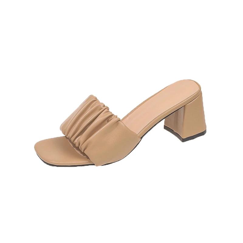 Fashion Shoes Female 2025 Open Toe Women's Slippers Fashion Dress Slippers Women Square Toe Pleated High Heels Plus Size Modern Sandals