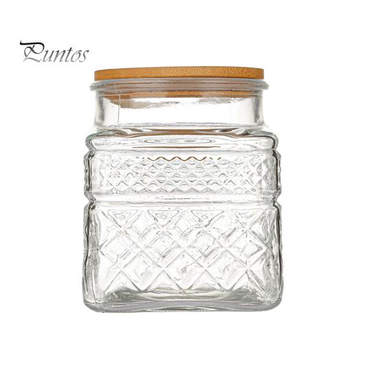 600/1300/2000ML Glass Storage Jar Vintage Diamond Pattern with Bamboo Lid Good Sealing Large Capacity Kitchen Storage Container