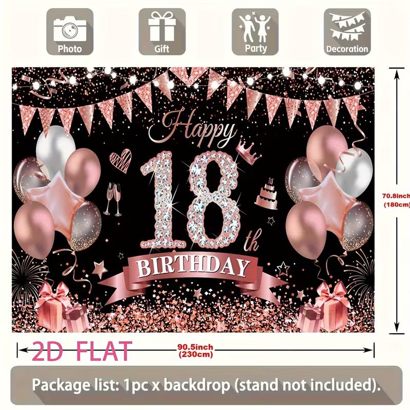 2D Elegant Black Rose Gold 18th Happy Birthday Photography Backdrop