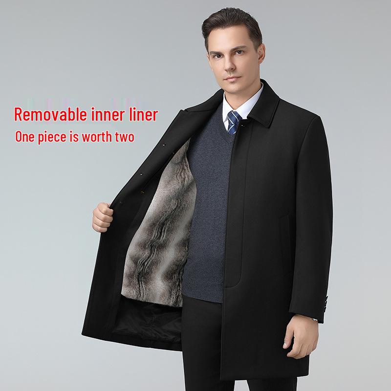 Men's Mid-Length Windbreaker with Removable Fur Lining and Velvet, Business Casual Large Size Coat
