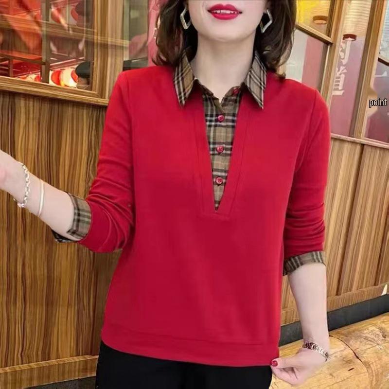 Autumn Fashion Plaid Patchwork Turn-Down Collar Shirt for Middle-Aged Women - Stylish Age-Reducing Two-Piece