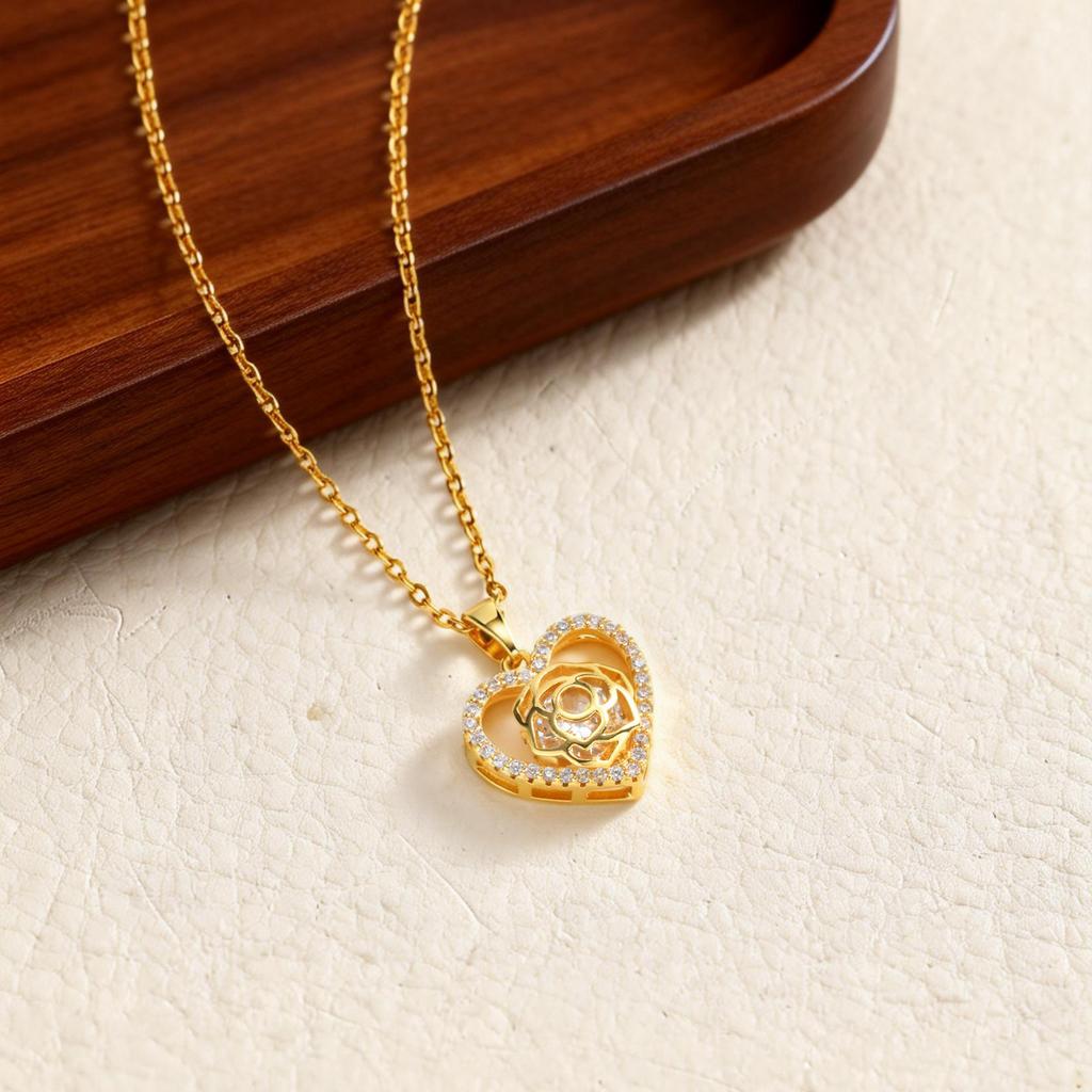 Wind Heart Rose Pendant Necklace, Copper Inlaid Zircon High-End Pendant For Women, Jewelry 388