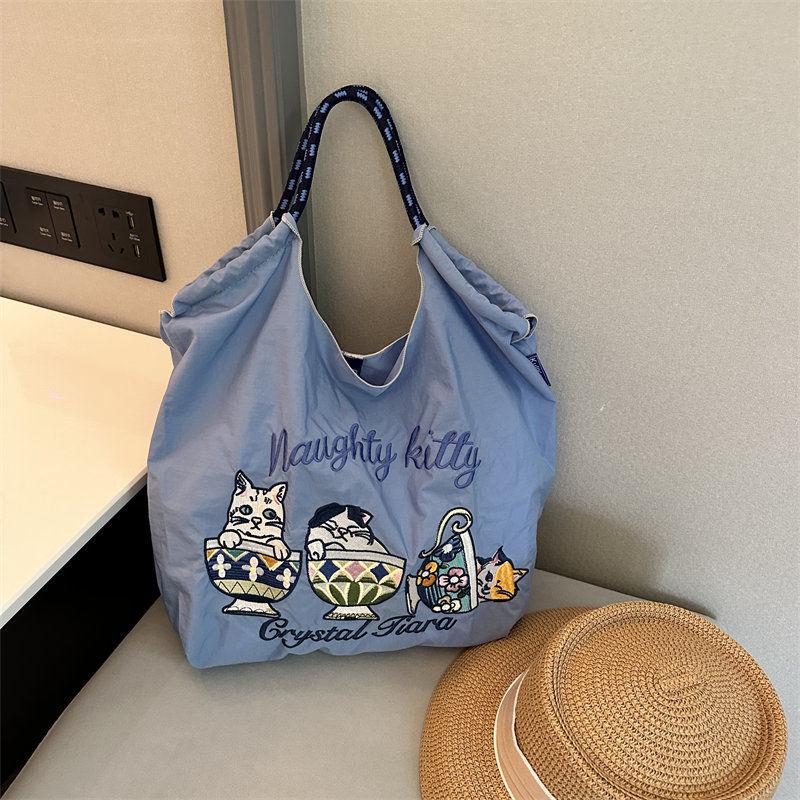 Japanese Style Handmade Waterproof Nylon Canvas Bag with Embroidered Patterns, Large Capacity