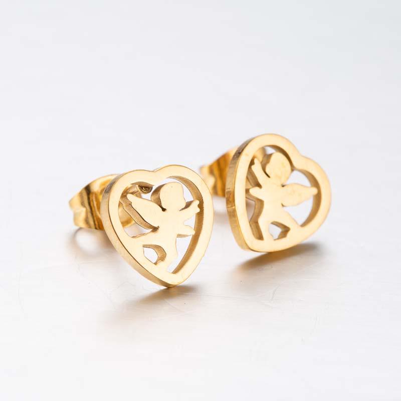 Korean Stainless Steel Peach Heart & Angel Stud Earrings - Cute Couple Jewelry Set
