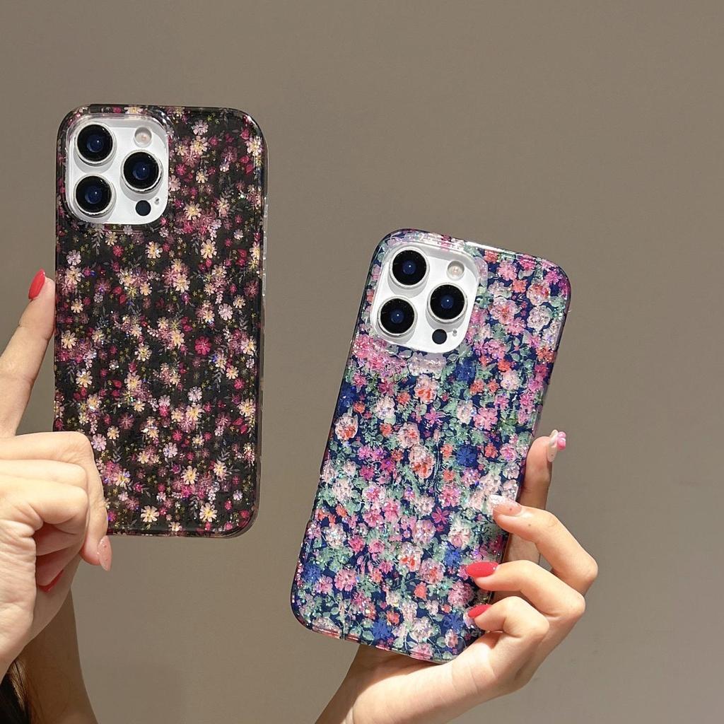 Floral Art Oil Painting Glitter Phone Case for iPhone 15/14/17 Pro Max (Apple 16)