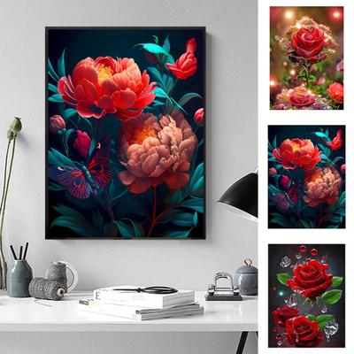 1 Set Rose Flower Faux Diamond Painting Kit DIY Rhinestones Embroidery Cross Stitch Drawing Home Decoration Faux Diamond Art Craft Projects