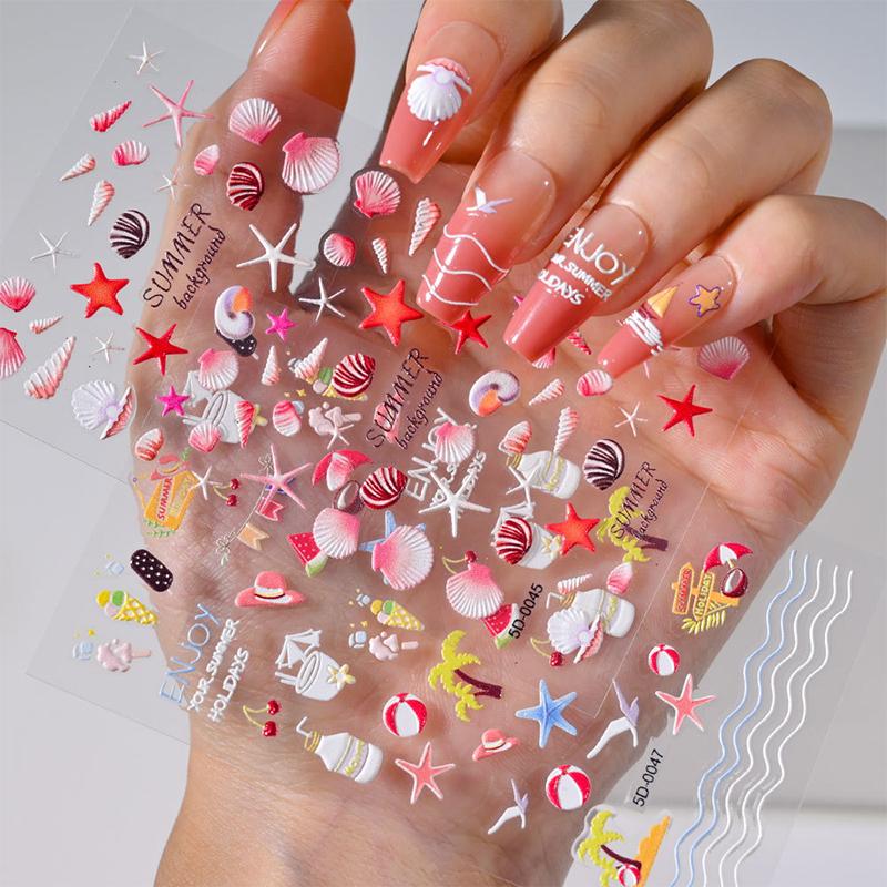 Colourful 5D Relief Fresh Ocean Style Nail Sticker Sea Star Shell Coconut Tree Three-Dimensional Relief Nail Sticker