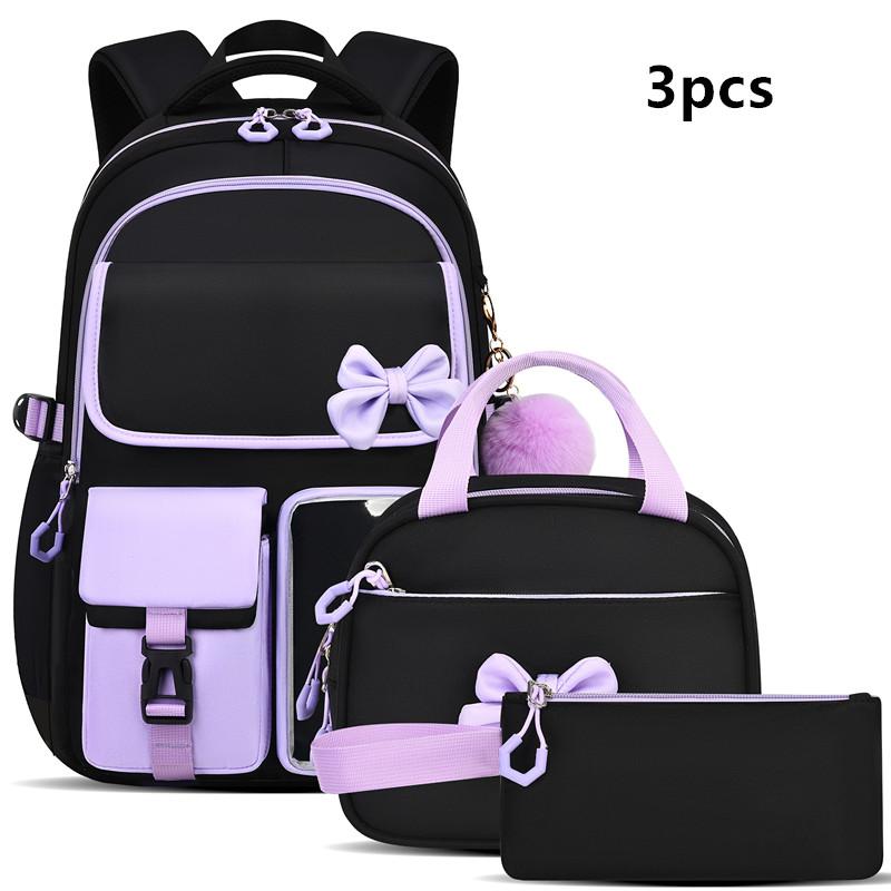 Three-piece Purple School Bag Set Casual with Pen Bag Students Schoolbag Durable with Lunch Bag Large Capacity Bow Backpack Book