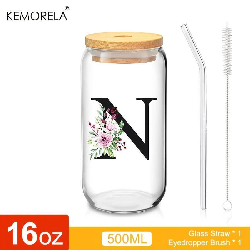 1 STÜCK 24 Buchstaben Glas Trinkbecher mit Bambusdeckel Strohhalm Individuelle Eiskaffeetasse 470ML Klares Mason Jar Bier Smoothie Cocktail