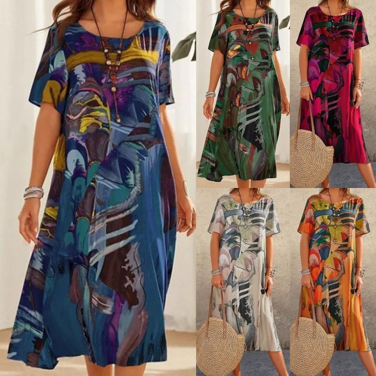 

2023 модное летнее пляжное платье, женский сарафан с принтом, повседневный макси-платье с короткими рукавами, женские платья с цветочным принтом, оверсайз XS синий