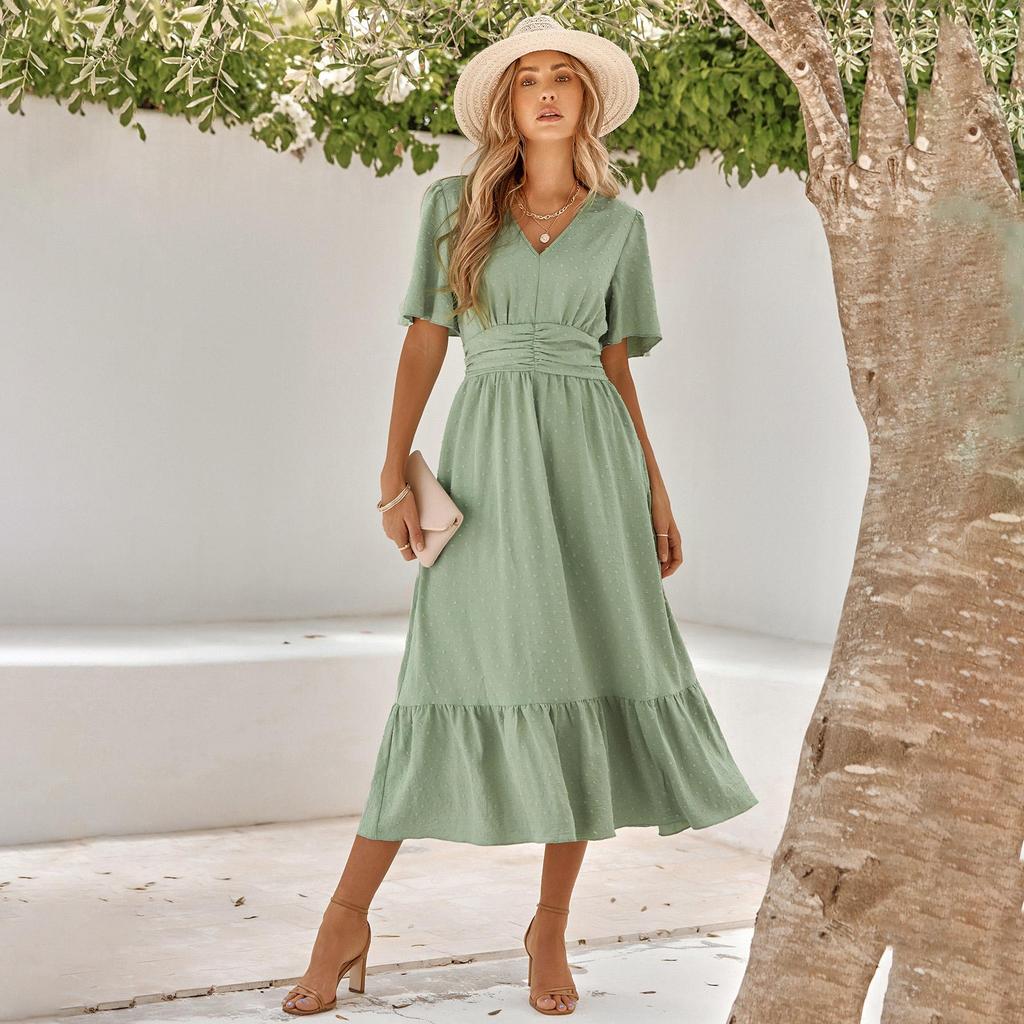 Women Spring Solid Color V-Neck Short Lotus Leaf Sleeve Dress Summer Casual A-Line High Waist Long Dresses S-XL