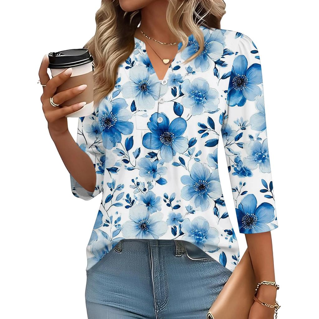 Women's Fashionable Casual Retro Floral V-Neck Decorative Button Three-Quarter Sleeve T-Shirt Top