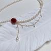 Neue, Vintage Rote Rose Imitationsperlenkette Quastenkette, Damen Halskette mit Diamanten