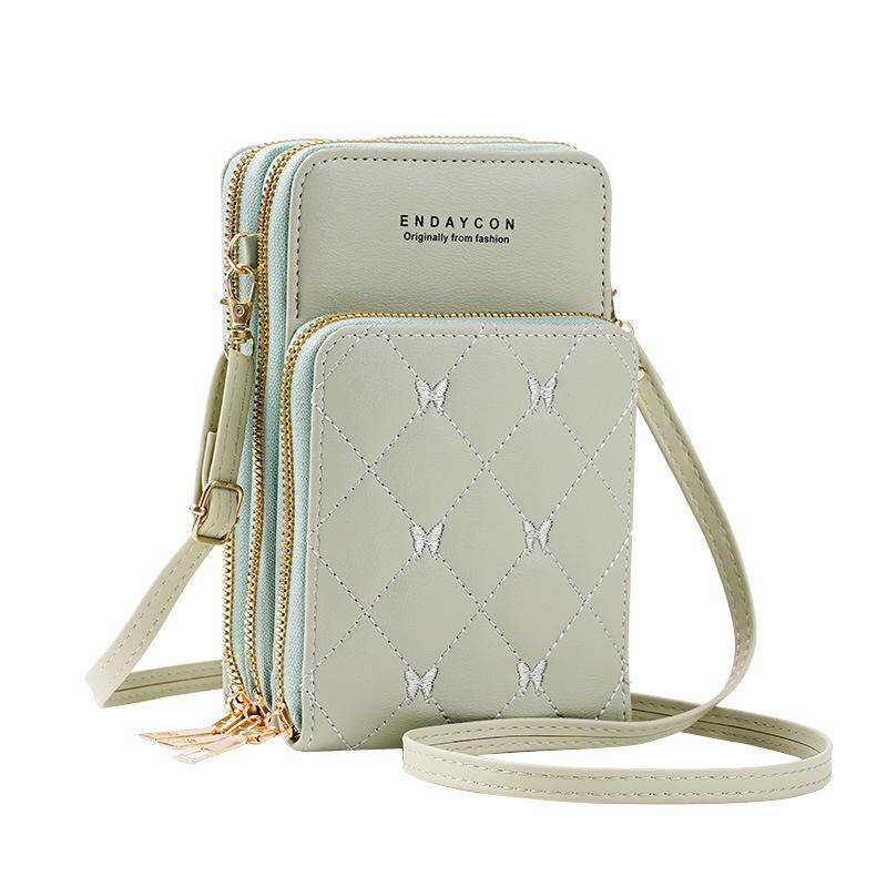 "Korean-Style Women's Fashionable Mini Crossbody Phone Bag – Solid Color, Three-Layer Zipper, Multifunctional, Simple Design Wallet"