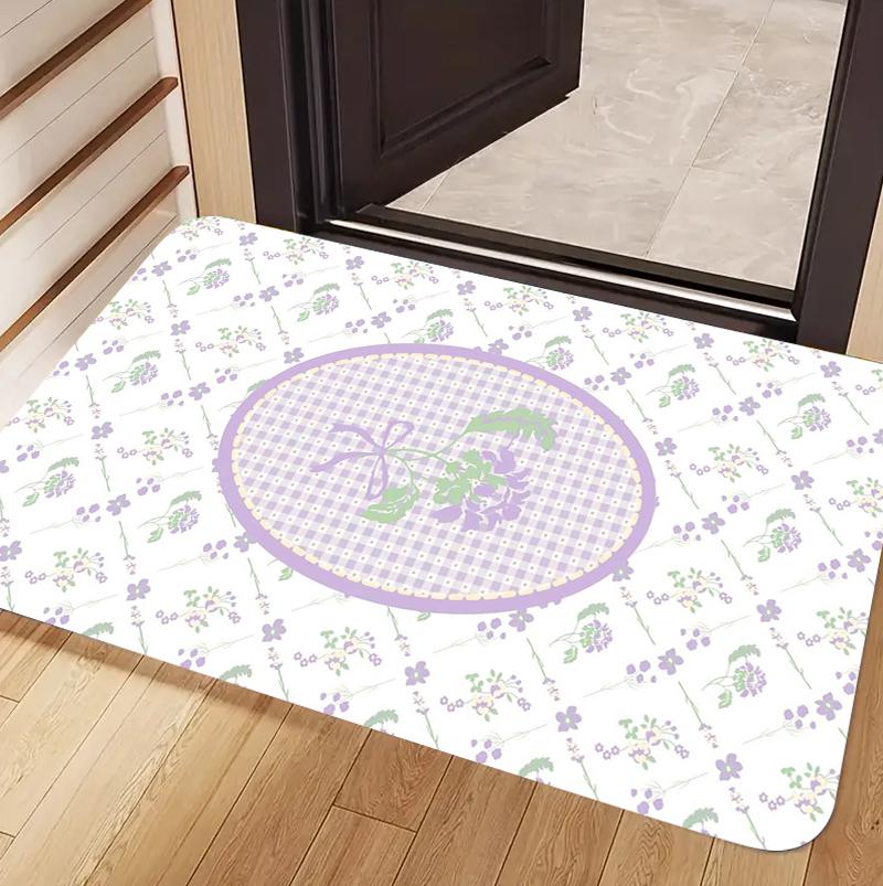 

Pastoral Purple Floral Gingham Door Mat Cute Lavender Floral Plaid Print Non-Slip Entryway Rug Sweet Boho Bow Themed Floor Mat 40x60cm