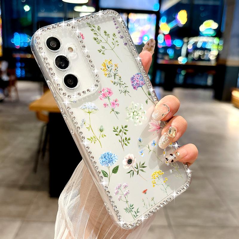 Floral Print Diamond Frame Phone Case For Samsung S25 Edge S24 FE S23 Ultra S22 A56 A36 A16 A15 A55 A35 Clear Shockproof Soft Silicone Cover