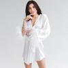 Women's Silk Robe Fashion Satin Robe Lady Pajamas Black White Nightgown Ostrich Feather Cuff Nightwear
