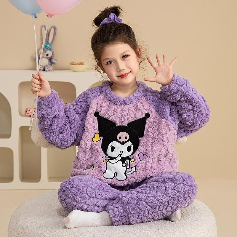 Kids Flannel Pajamas Set Boys Girls Warm Long Sleeve Top And Pants Sleepwear Winter Home Nightwear