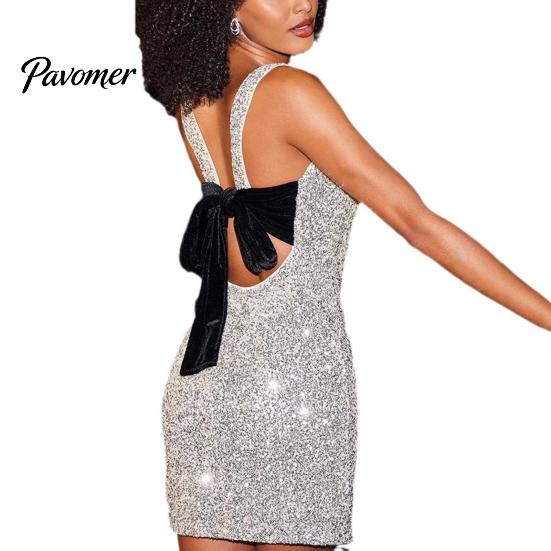 Slim Waist Design Dress Women Evening Prom Cocktail Party Sequin Mini Bow Backless Fit Sleeveless Round Neck Short for Actress Celebrity Lightweight