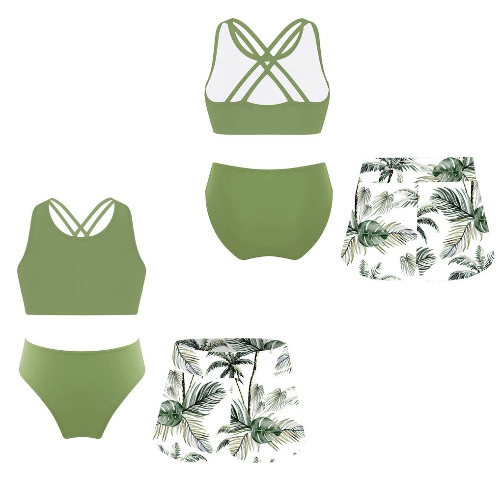 Girls Bathing Suit Set Sleeveless Round Neck Crop Top Wide Elastic Waistband Shorts Beach Swimming Outfit