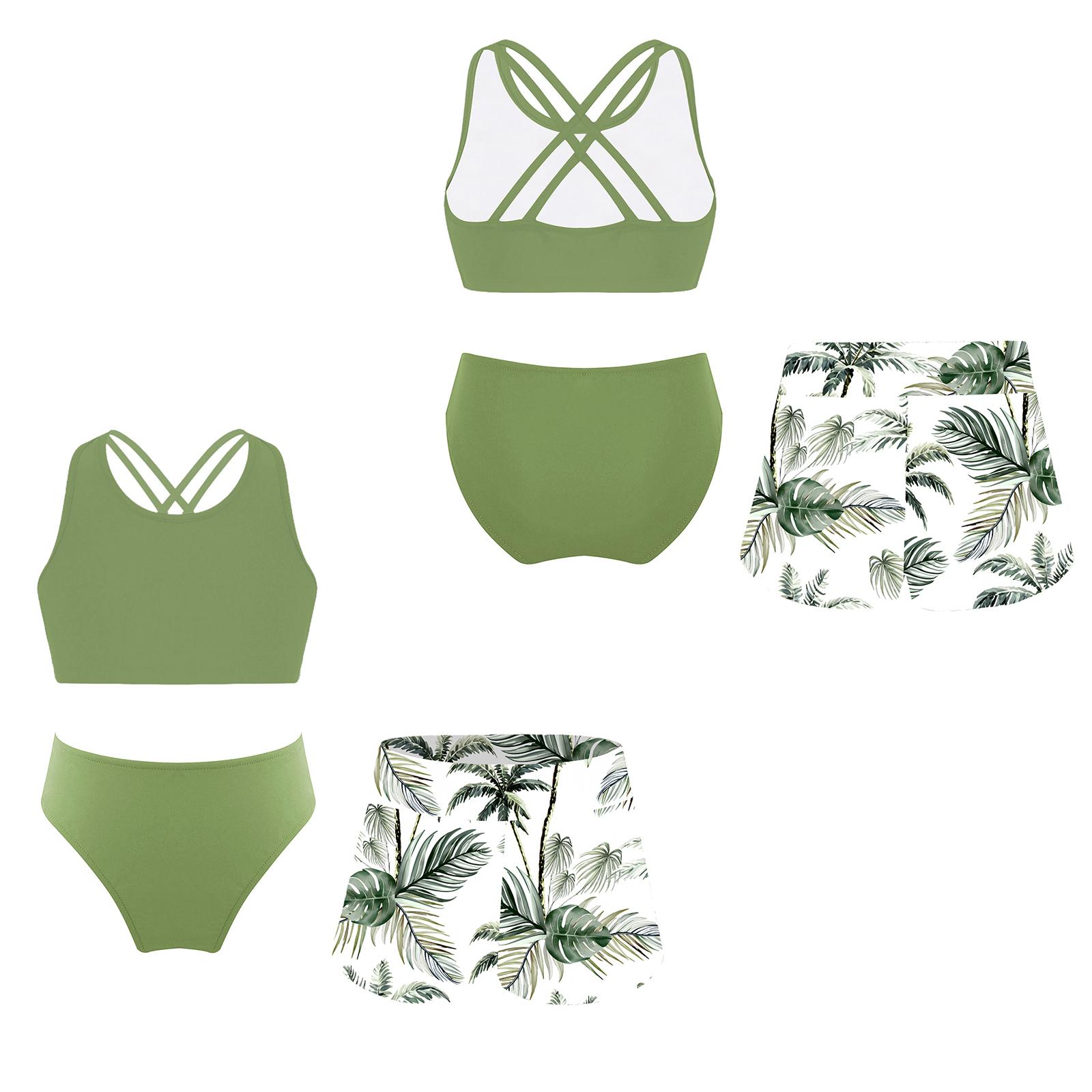Yeahdor Meisjes 3-delig Zwempak Mouwloze Croptop met Bandjes op de Rug Ronde Hals en Hoge Taille Print Short met Slipje voor Zwembad 9-10 Years