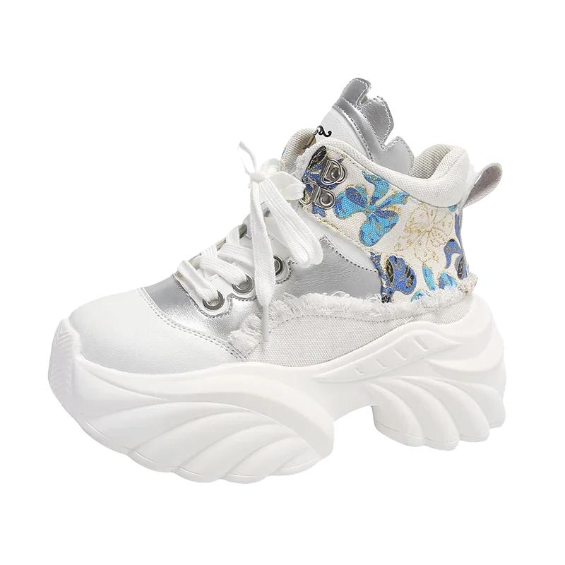 

Модные 8,5 см Осенние Высокие 2024 Женские Кроссовки На Шнуровке Ботильоны Дышащие Повседневные Холщовые Туфли Толстая Подошва Вышивка Короткие Ботинки 35 бежевый