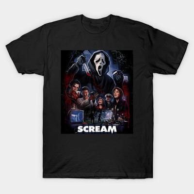 Men Black Print T-shirt Scream Horror Movie Artwork Poster - Abo Tiz #13751 No-Cut Heat Transfer Print Cotton Tshirt