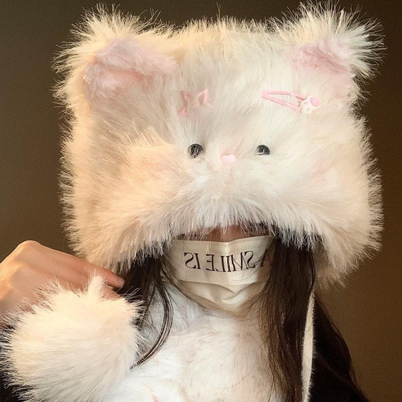 Plush Hat Female Autumn and Winter Cute Hairpin Cat Plush Hat Winter Thickened Warm and Cold Ear Protection