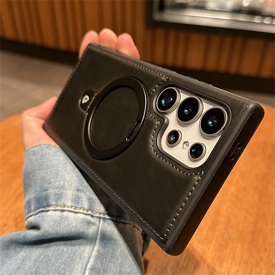 Business Retro Leather Holder Magnetic Case for Samsung Galaxy S25 S24 Ultra S23 S22 Plus Wireless Shockproof Cover for Magsafe