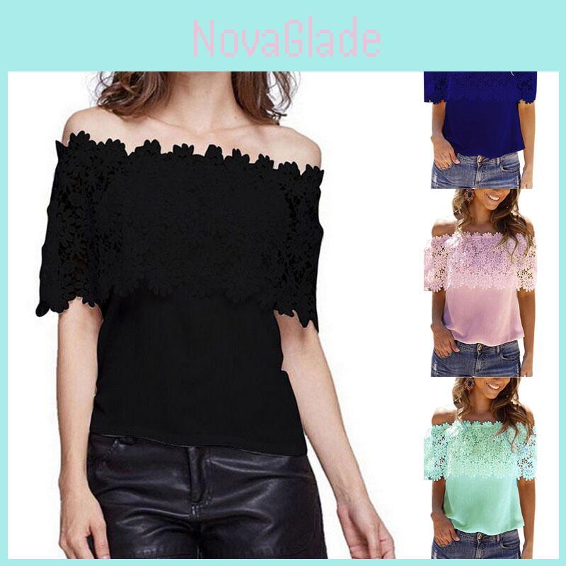 Elegant Women's Off-shoulder Short Sleeve Lace Hollow Casual T-shirt Blouse For Summer Outings