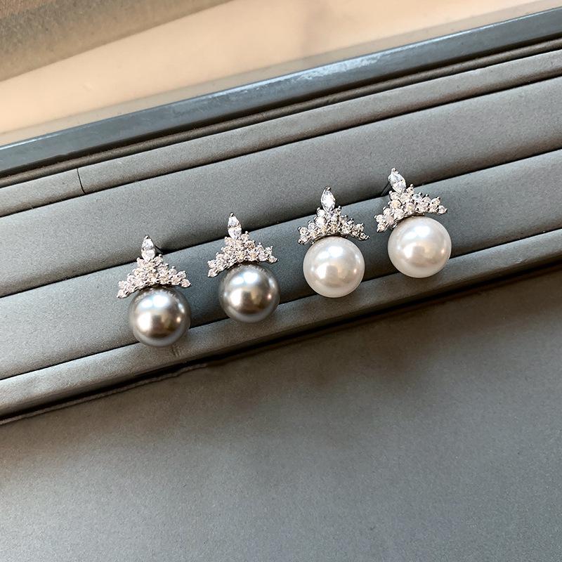 Shijiaao White Pearl Earrings & Snow Queen Crown Necklace Set - Luxury High-End Clavicle Jewelry for Women