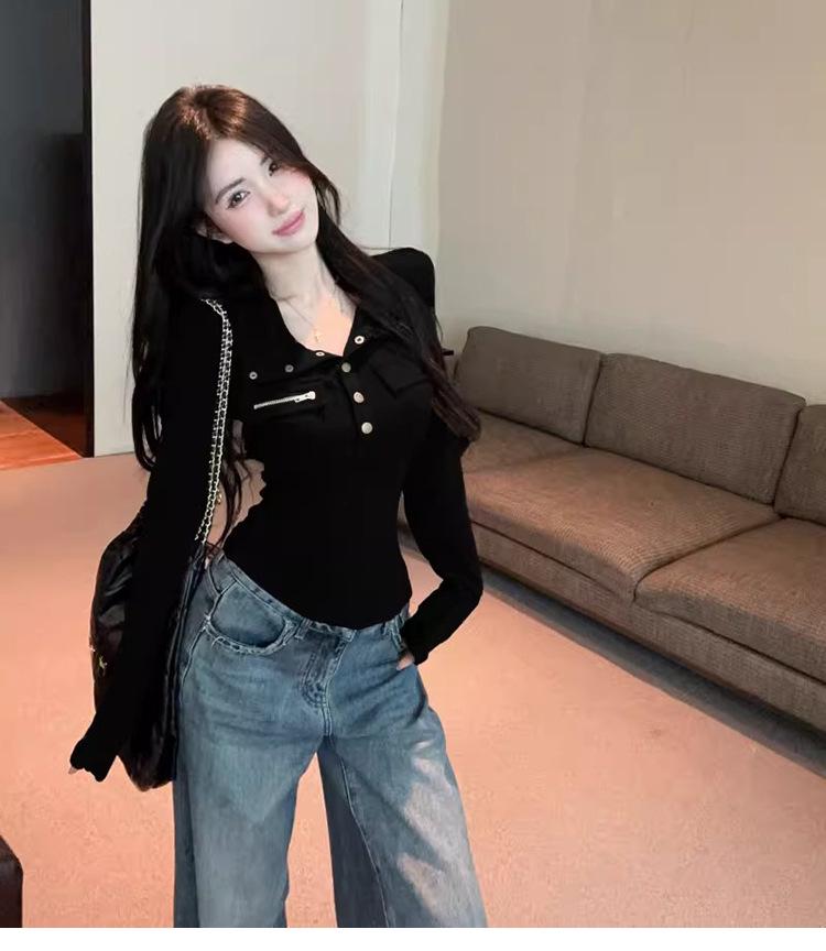 Women's Spicy Girl Style Stand-Collar Slimming Slim-Fit Long-Sleeve T-Shirt, Autumn/Winter, Stylish Waist-Cinching Base Layer