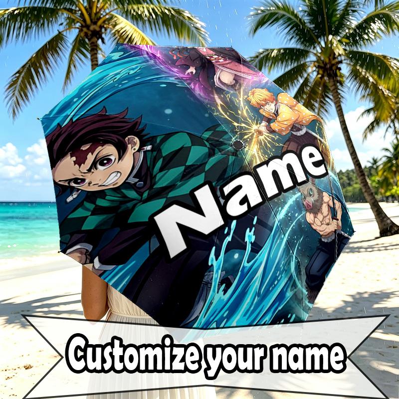 Custom Name Personalized Demon Slayer Print Umbrella, Auto Open Close, 8‑Rib Sturdy Frame, Commute Camping Hiking Use, Birthday Gift